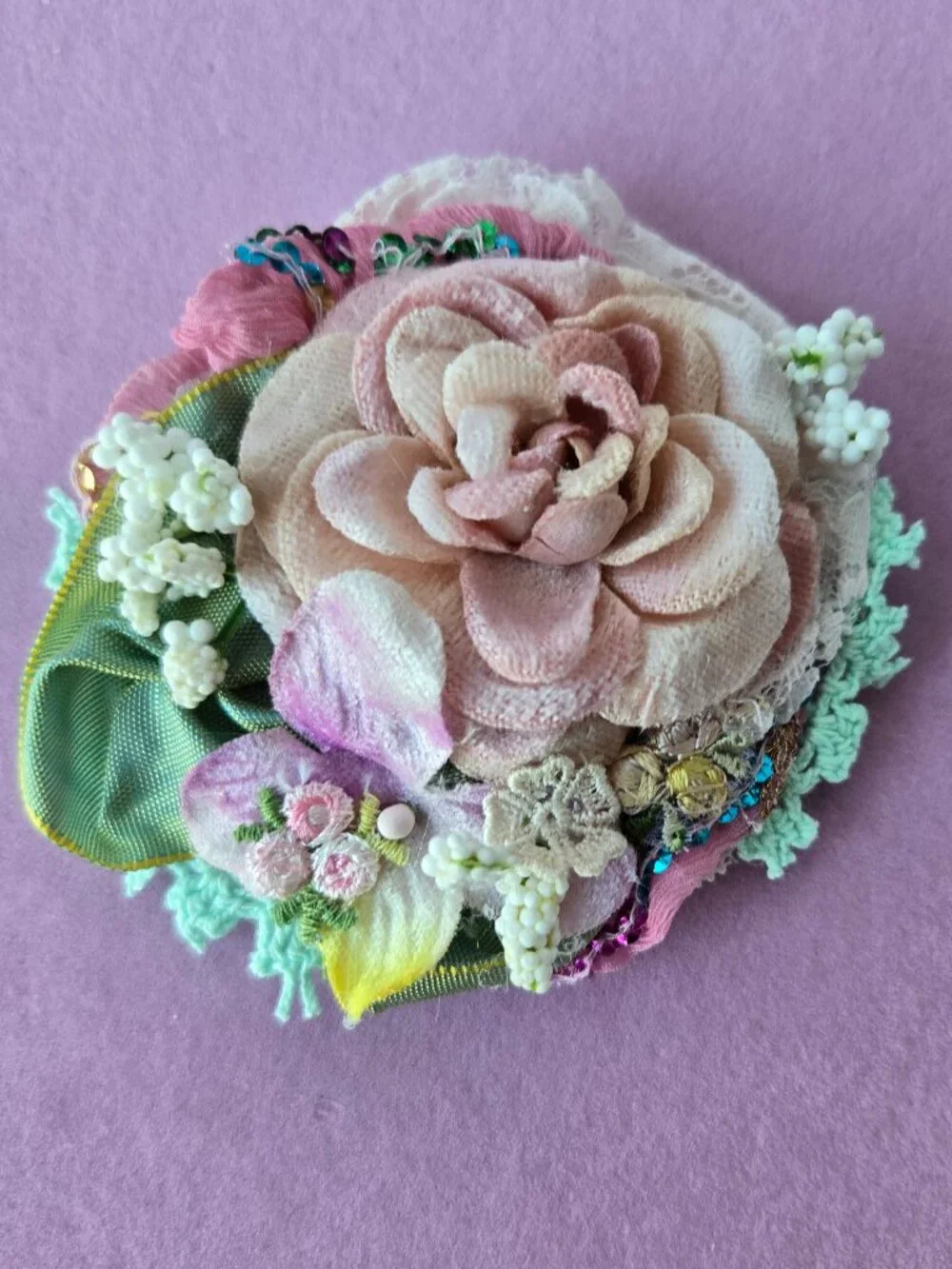 Handmade Blush Pink Velvet Rose and Lace Posey Hair Clip • Cottage Balletcore